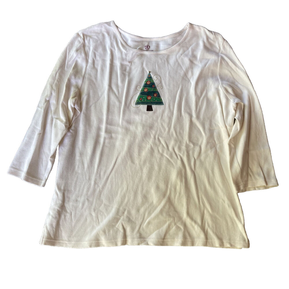 Covington Sport Sz L  Shirt Cream Top 3/4 Sleeve Embroidered Christmas Tree Xmas